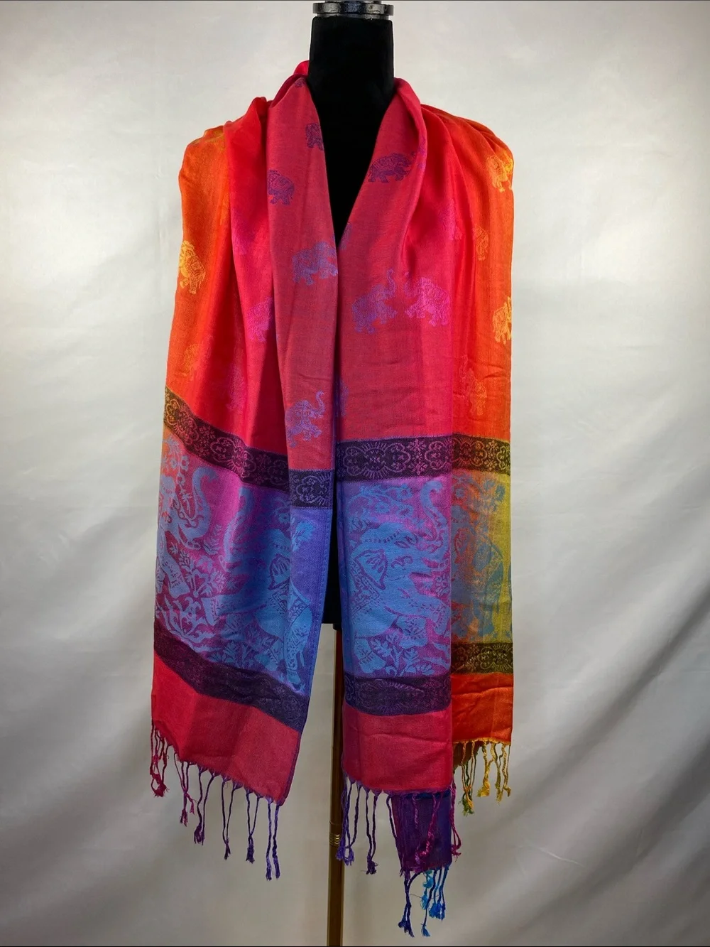 NWOT Pashmina Colorful Rainbow Elephant Print Classic Fringe Scarf 80”X 28”